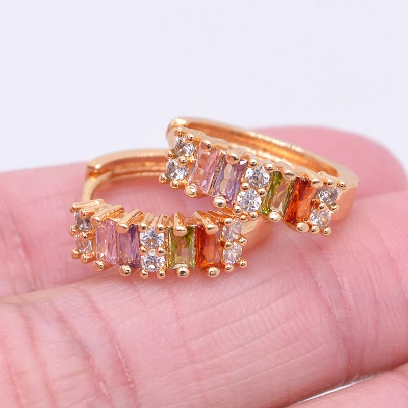 Gold Color Women Multicolor Cubic Zirconia CZ Baguette Huggie Hoop Earrings Jewelry