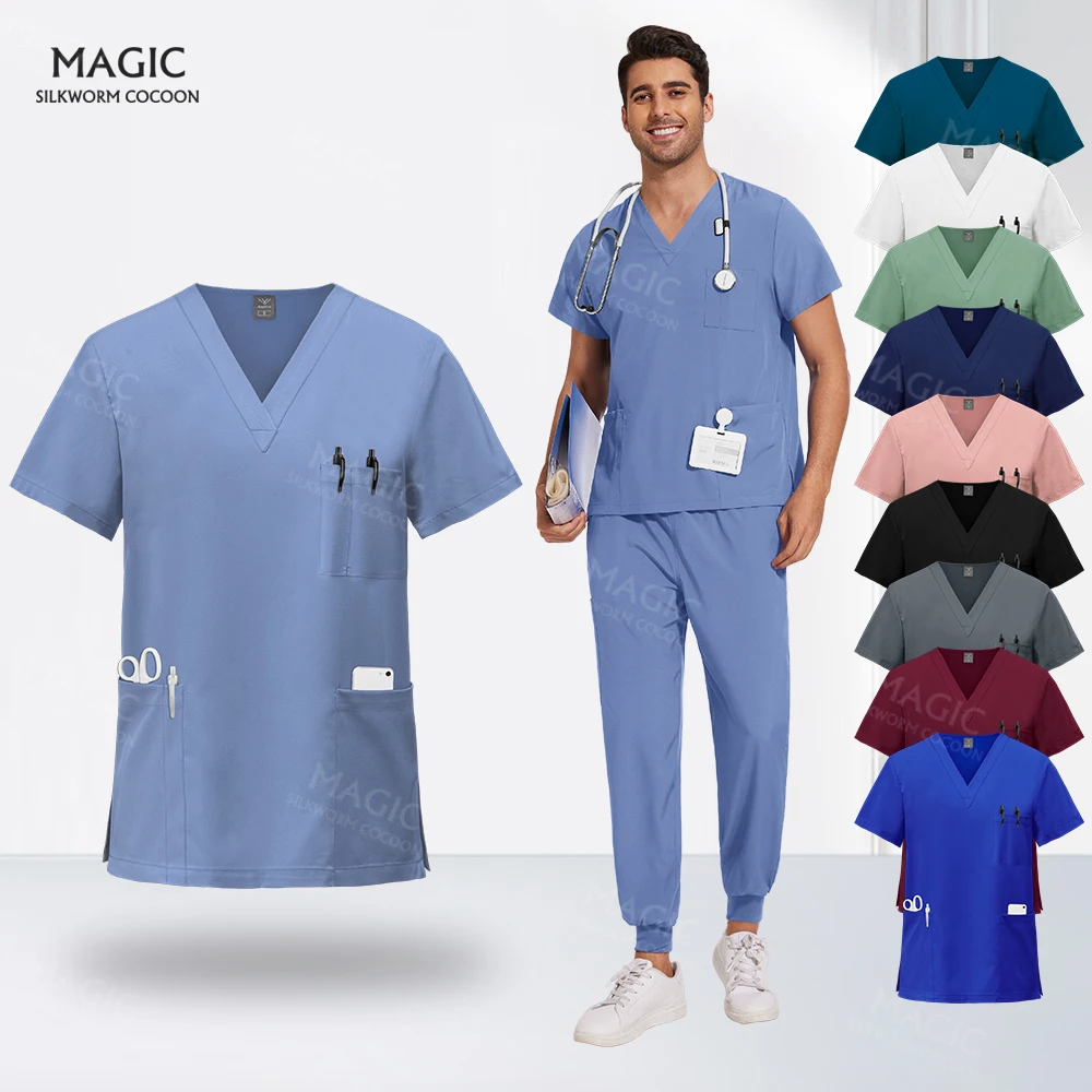 

Doctor Scrubs Suit V Neck Medical Uniforms Scrub Shirt+jogger Pants Short Sleeved Veterinary Workwear Pet Hospital Surgical Sets