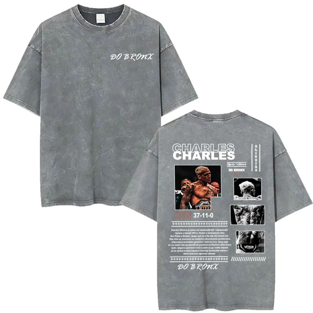Limited Charles Oliveira Do Bronx Vintage Washed T-shirts Men's Clothes Harajuku Gothic T Shirts Casual Cotton Oversized T-shirt