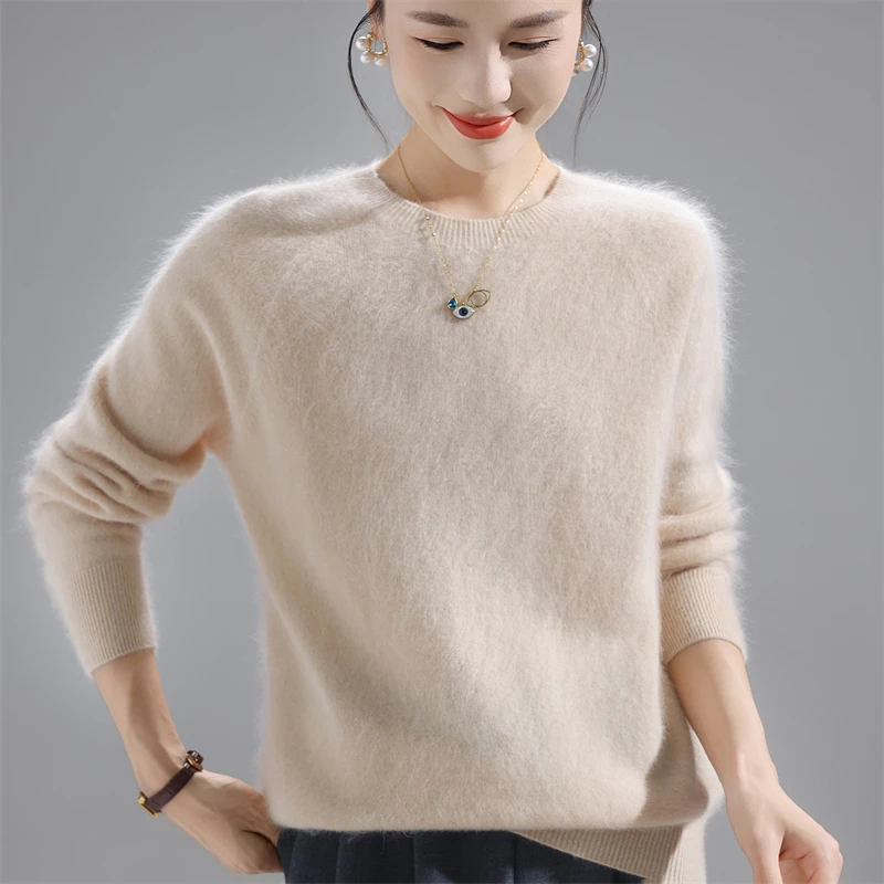

Зимний женский утепленный свободный пуловер из 100% мериносовой шерсти, кашемировый свитер с длинными рукавами, однотонные вязаные нижние свитера 2025