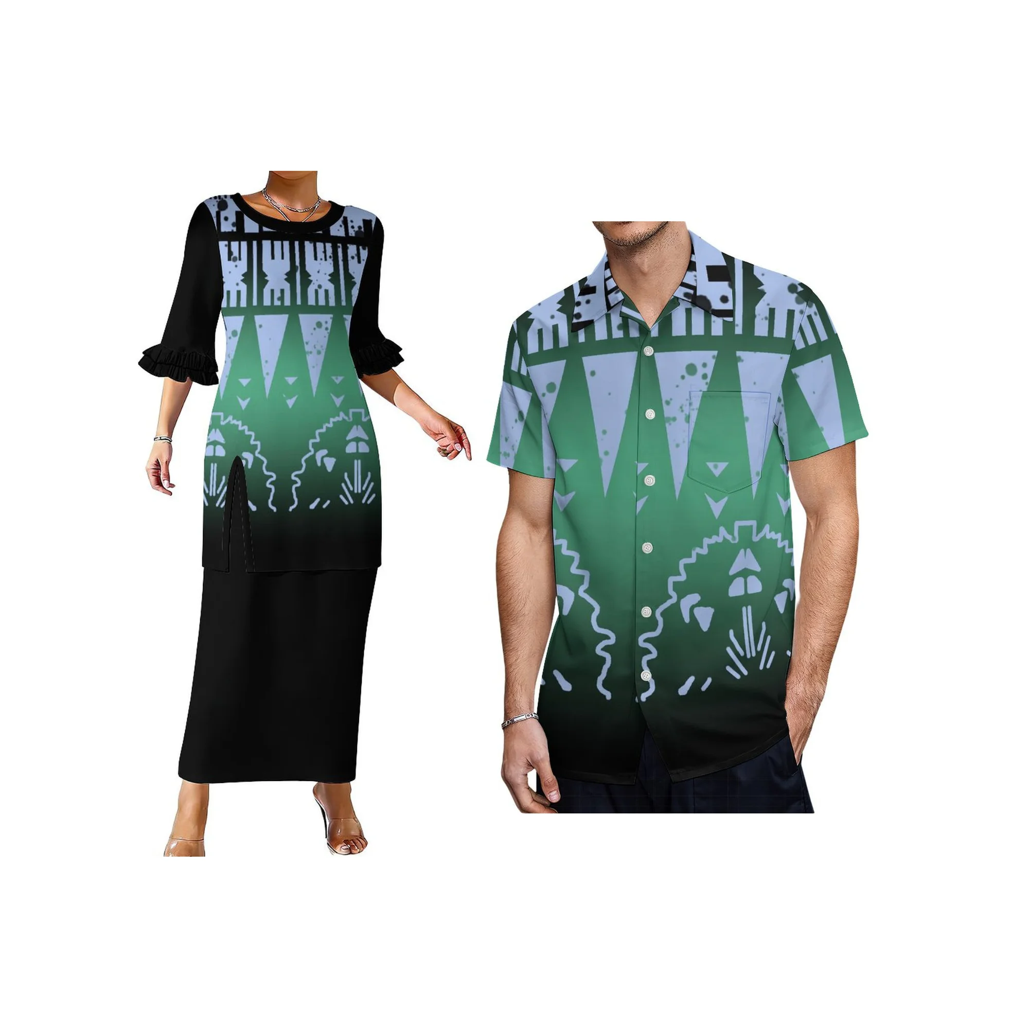 

New Design Custom Women Slit Dress Top and Skirts Two Piece Samoan Puletasi Dress Polynesian Style Double Layered Sleeve Dress