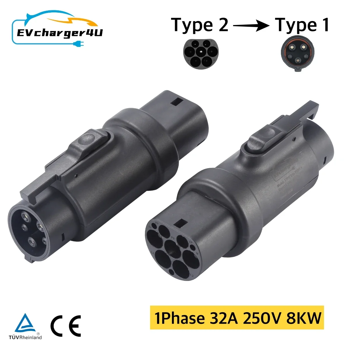 EVcharger4U ชนิด IEC62196ที่2ไปยัง SAE อะแดปเตอร์ชนิด1 EV ตัวแปลงชาร์จ250V Type2 32A Type1อะแดปเตอร์แปลงที่ชาร์จแบบ gbt