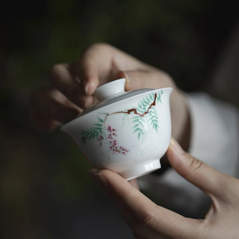 Thin-Walled Hand-Painted Wisteria Flower Gaiwan Kung Fu Set Underglaze Color Inner Glaze Turquoise Green Scholar's Tea Bowl