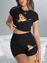 2 Pieces Set Women Slim Crop T-Shirts Shorts A Teddy Bear Emerged From The Zipper Prints Tops Sporty High Elastic Soft Clothes