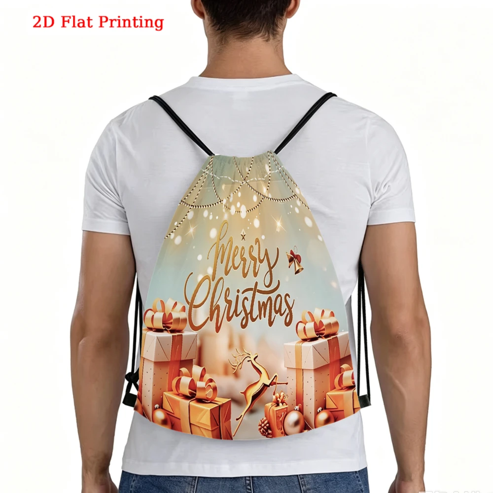 2D Flat Printing, Drawstring Backpack, Merry Christmas Gift Box Pattern, Fitness Sports Backpack, Outdoor Travel Drawstring Bag