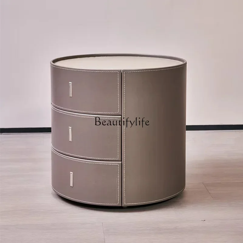 

LXItalian Round Modern Simple Bedroom Saddle Leather Storage Slate Bedside Cabinet