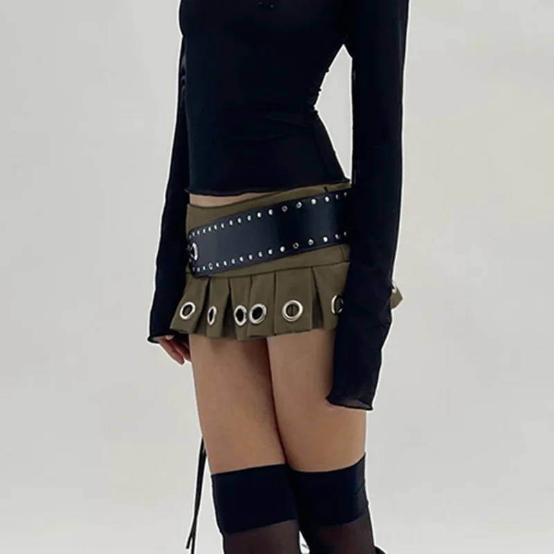 Fashion Sexy Mini Short Skirt with PU Belt Y2k Punk Lace Up Leather Belt  Spicy Girl Pleated Skirt Waistband