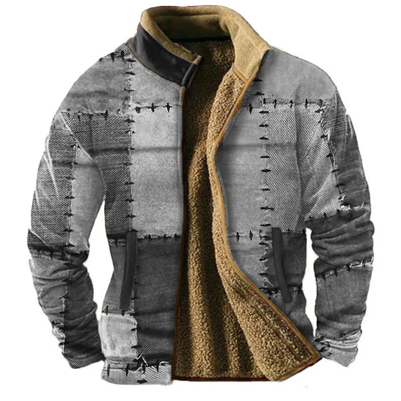 Graphic Patchwork Men\'s Daily Zip Sweatshirt Holiday Vacation Going out Sweatshirts Brown Long Sleeve Stand Collar Fleece Winter