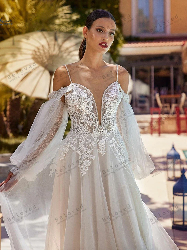 Graziosi abiti da sposa a-line abiti da sposa Appliques di pizzo con spalle scoperte mezze maniche a sbuffo Robe Vintage Vestidos De Novia 2024