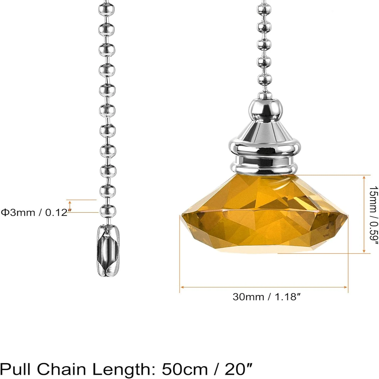 20 Inch Ceiling Fan Pull Chain, Decorative Crystal Fan Pull Chain Ornament Extension,  Diameter Beaded  Pendant, Amber 2Pcs