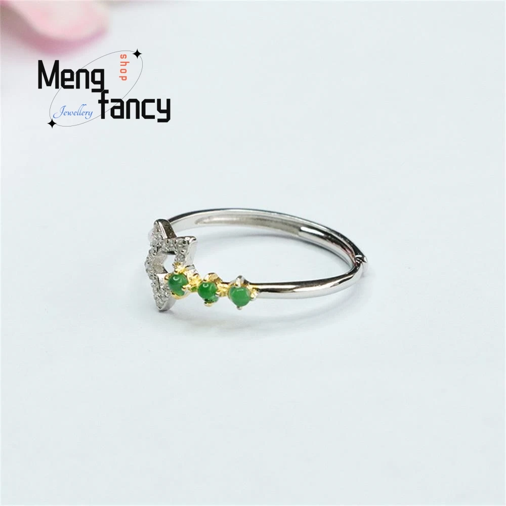 S925 Silver Inlaid Natural Jadeite Stars Ice Type Imperial Green Ring Exquisite Elegant Simple High-grade Luxury Fashion Jewelry