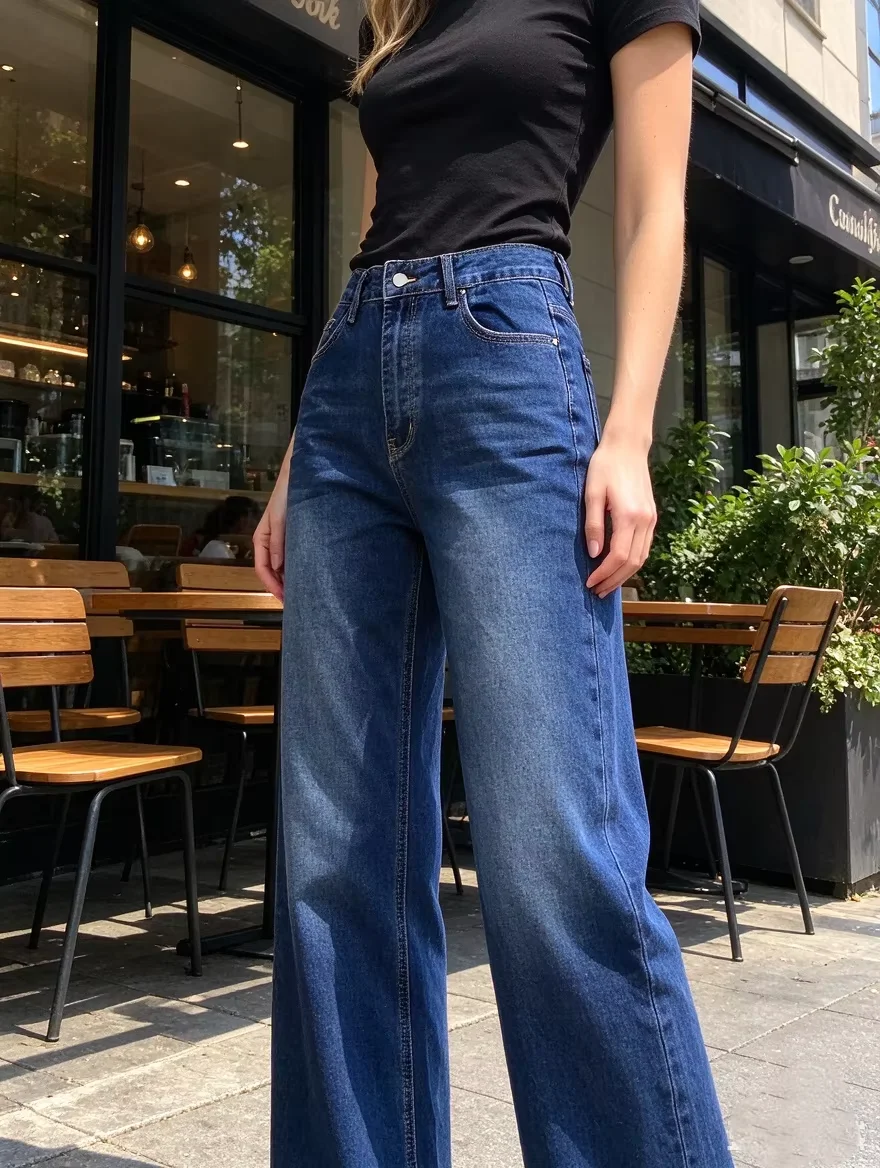 Women's Spring Autumn Dark Blue American Vintage Flare Denim Pants High Waist Drape Tall Look Simple Casual Long Trousers