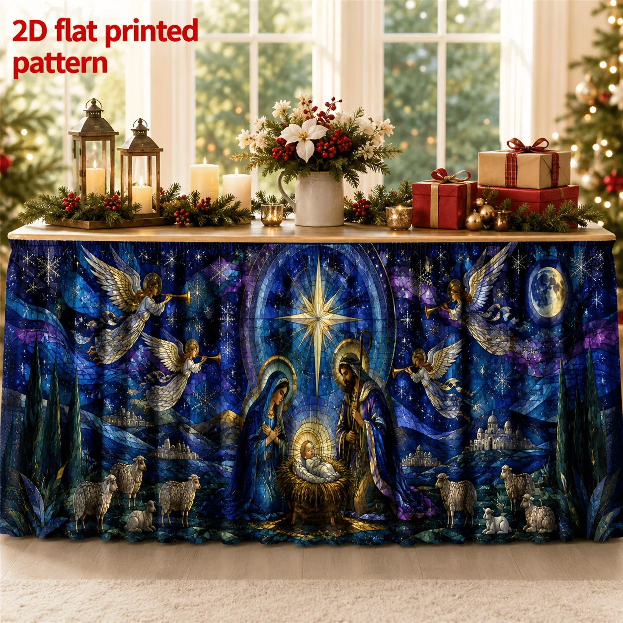 1 tablecloth table skirt, Christmas nativity scene, angel stars, Christmas banquet decoration