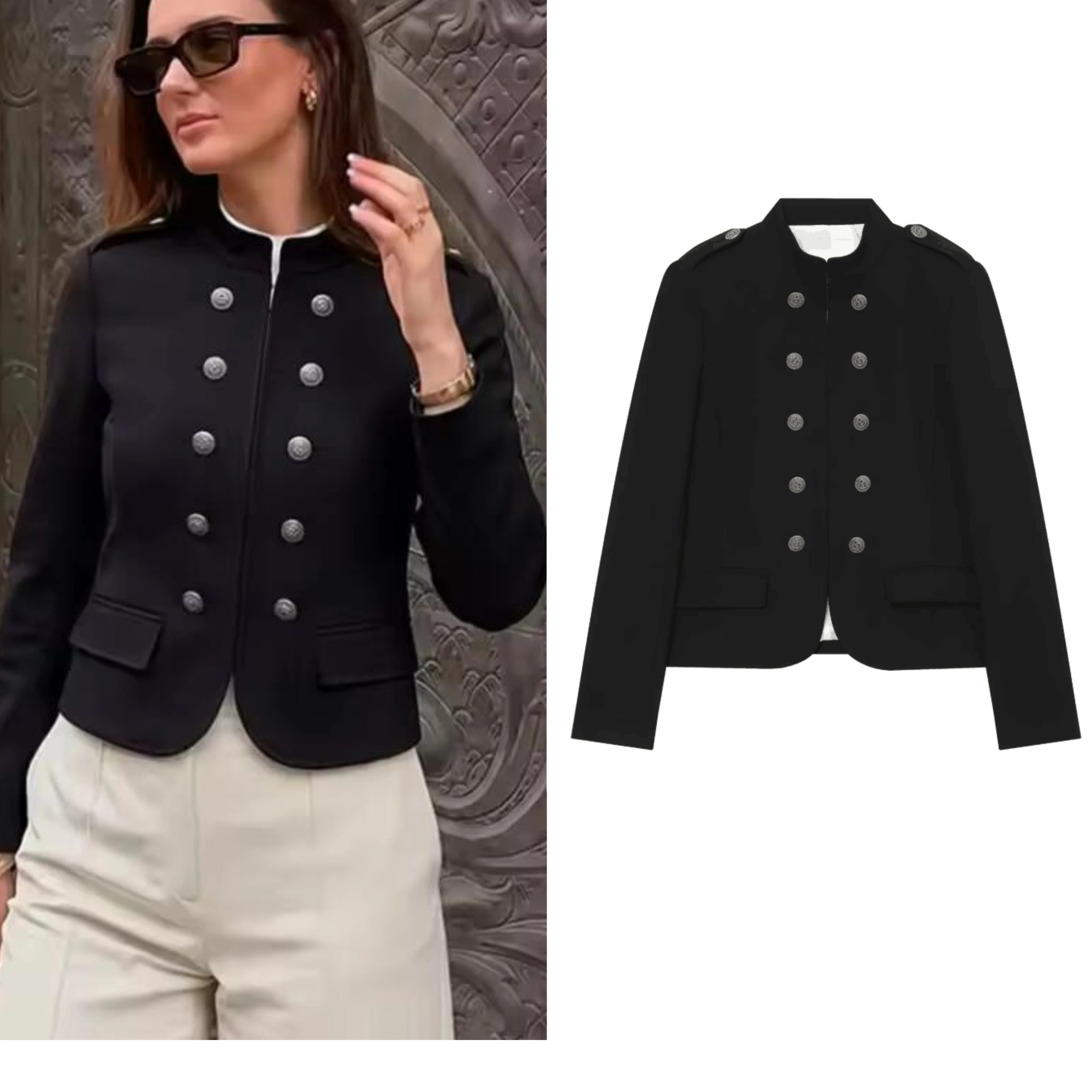 Women's Jacket 2026 Spring Casual High Neck Long Slevve With Shoulder Buttons Decoration Coats Fashion Elegant Female Slim Tops