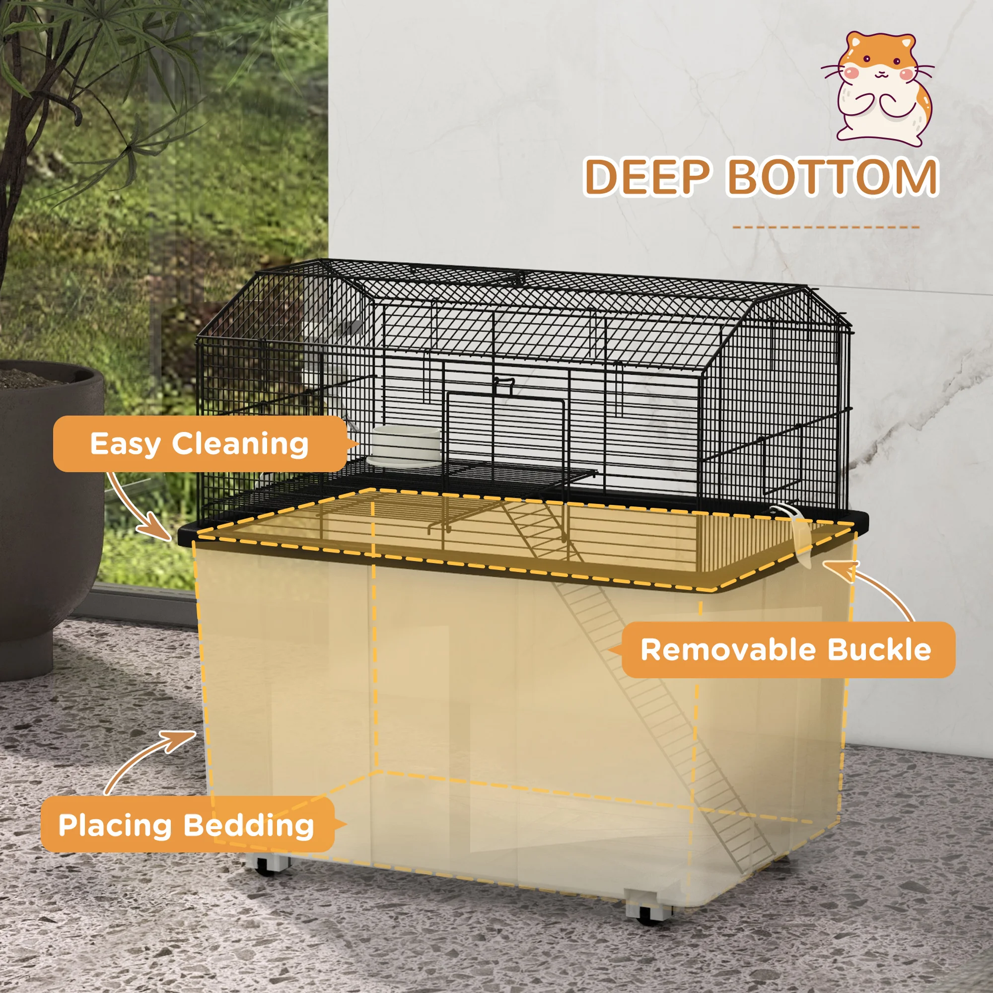 PawHut Hamster Cage, Gerbil Cage with Wheels, Deep Bottom, Ramp, Food Dish, Water Bottle, for Dwarf, Syrian - Black