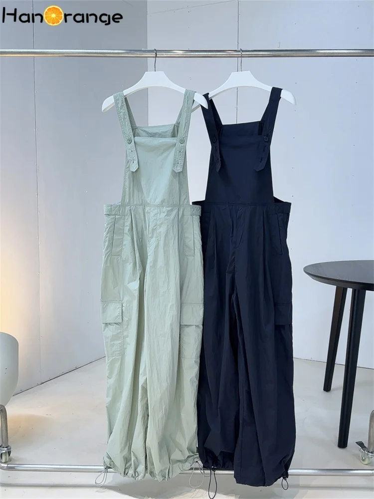 HanOrange 2024 Summer Outdoor Wide Leg Jumpsuits Loose Pockets Lightweight Cool Nylon Cargo Jumpsuits Grey Green/Dark Blue