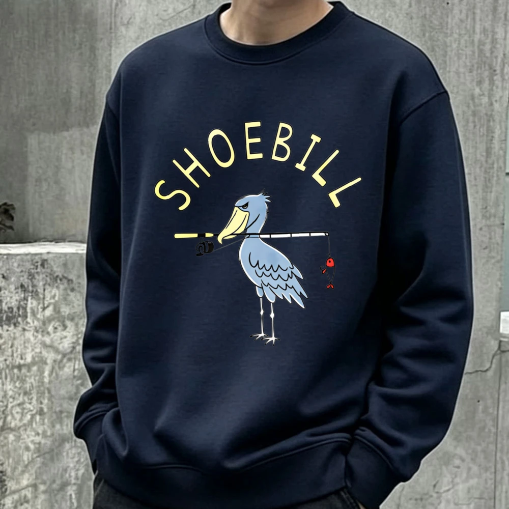 Mens Sweatshirt Fishing Pattern Shoebill Bird Cartoon Letter Japanese Text Print Casual Outdoor Angler Street Pullover Tops