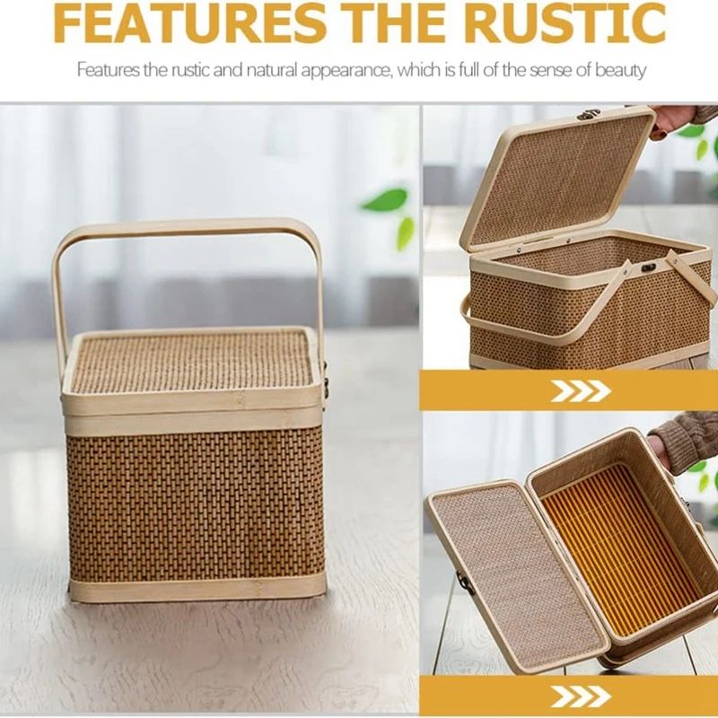 Bamboo Basket Natural -Friendly Woven Basket Bamboo Picnic Basket With Lid Handheld Snacks Bread Storage Basket