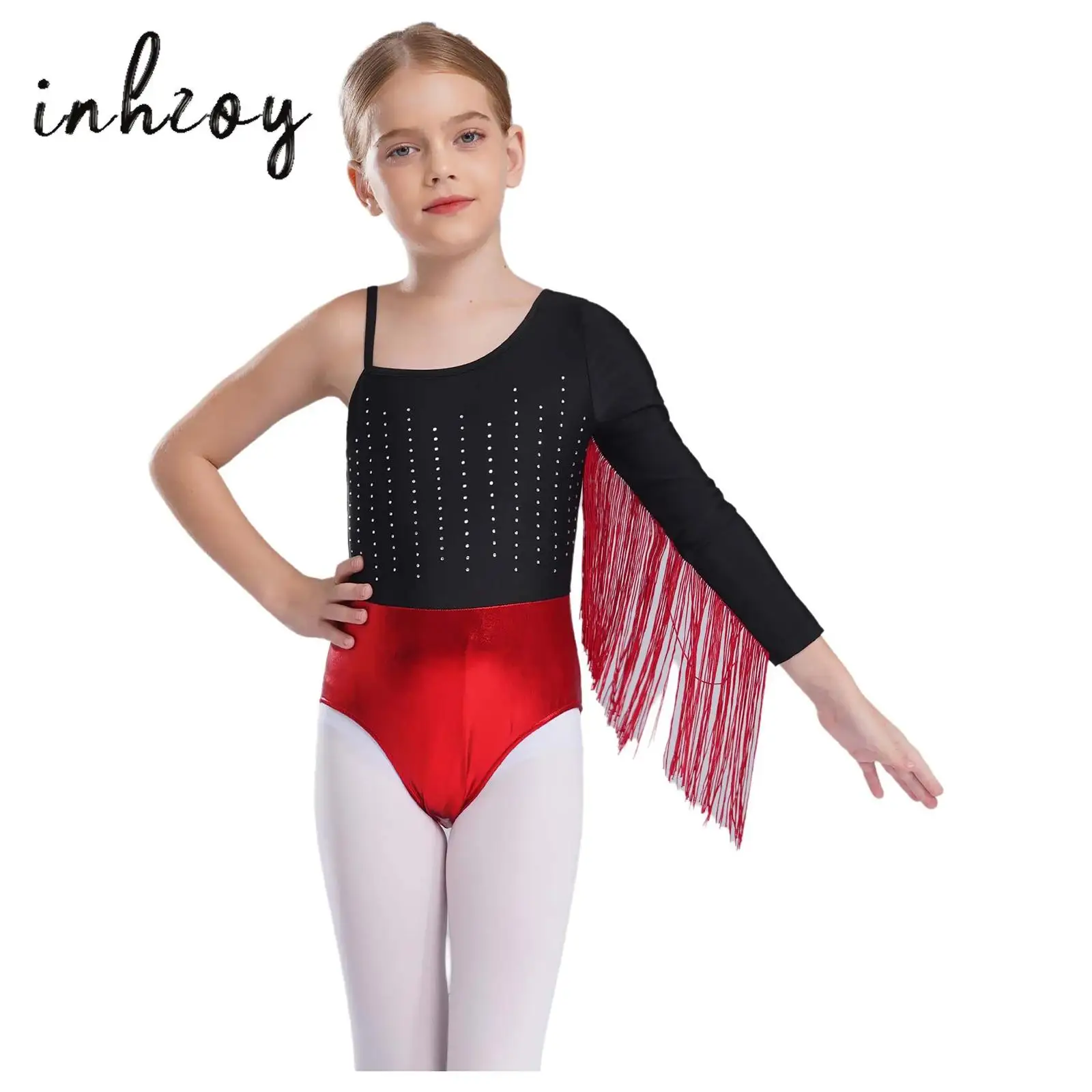 

Kids Girls Latin Dance Cha-Cha Performance Costume Fringed Color Block Irregular Leotard Long Sleeve Shiny Rhinestones Bodysuit