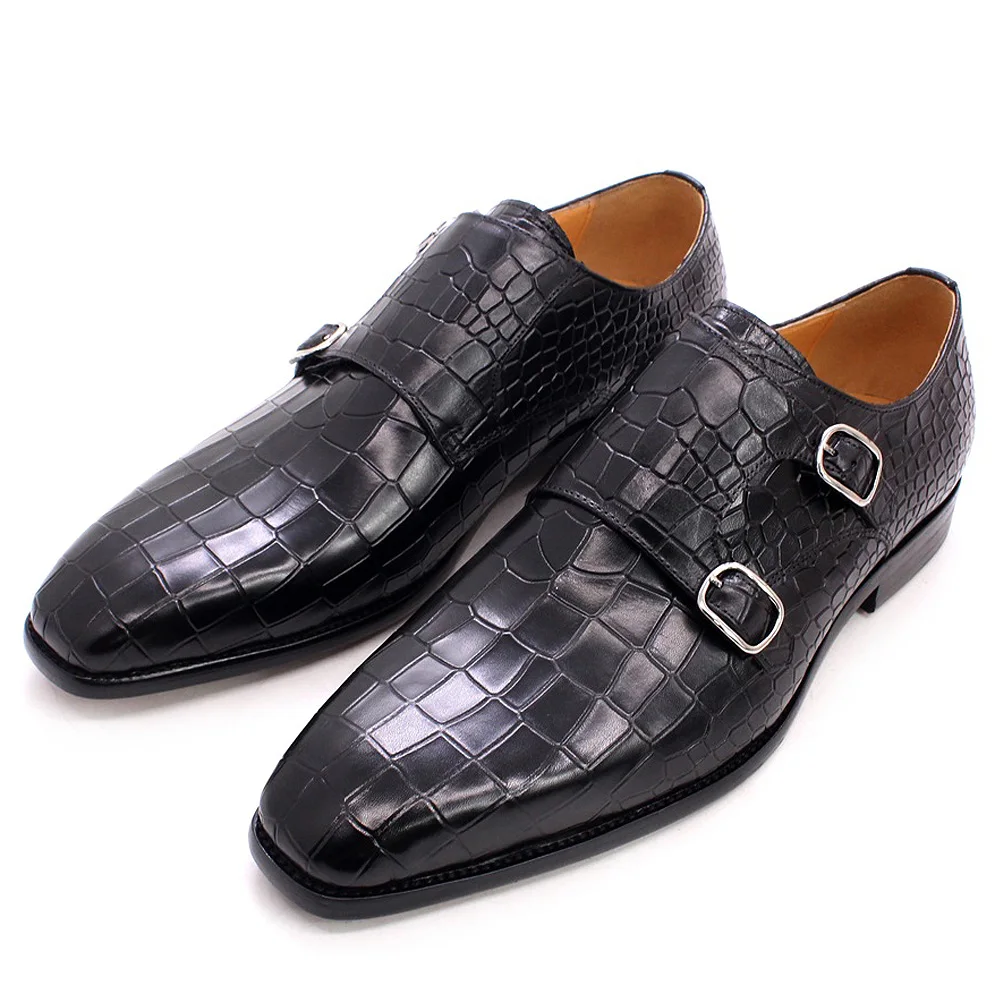 Size 38 To 47 Mens Dress Shoes Real Cow Leather Crocodile Pattern Monk Strap Oxford Double Buckles Business Formal Shoes Male