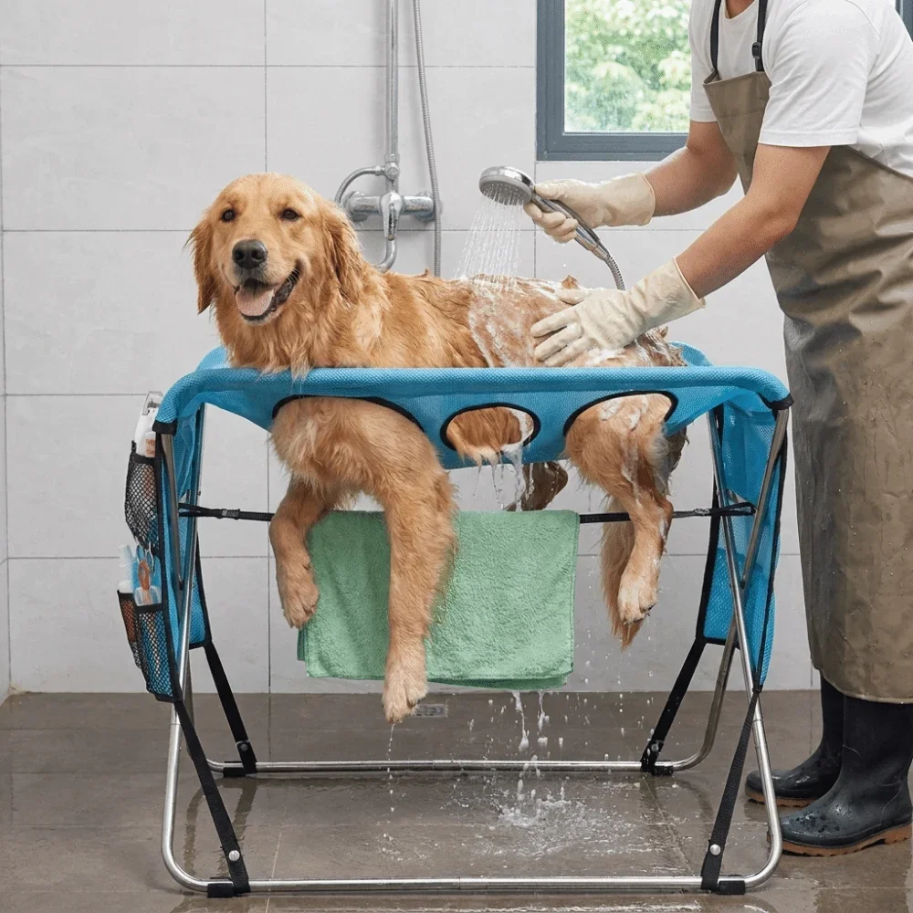 Folding Pet Grooming Hammock Anti-Scratch Multi Hole Dog Grooming Table Detachable Quick Dry Mesh Cat Washing Hammock Home Use