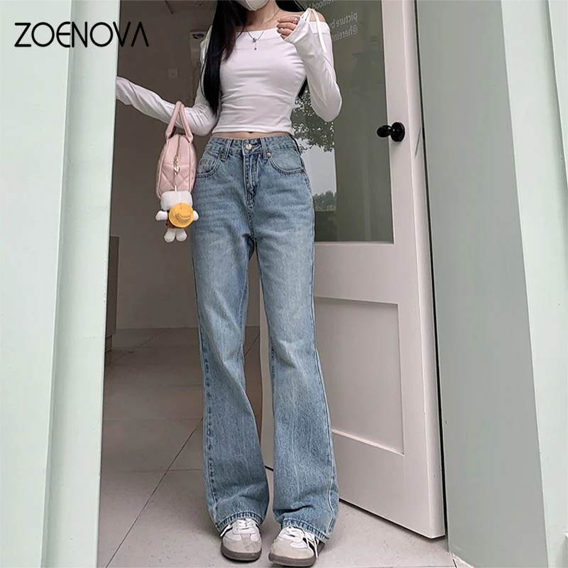 ZOENOVA Retro High Waist Straight Women\'s Jeans Summer Fashion New Simple Versatile Loose Blue Floor Length Denim Wide Leg Pants