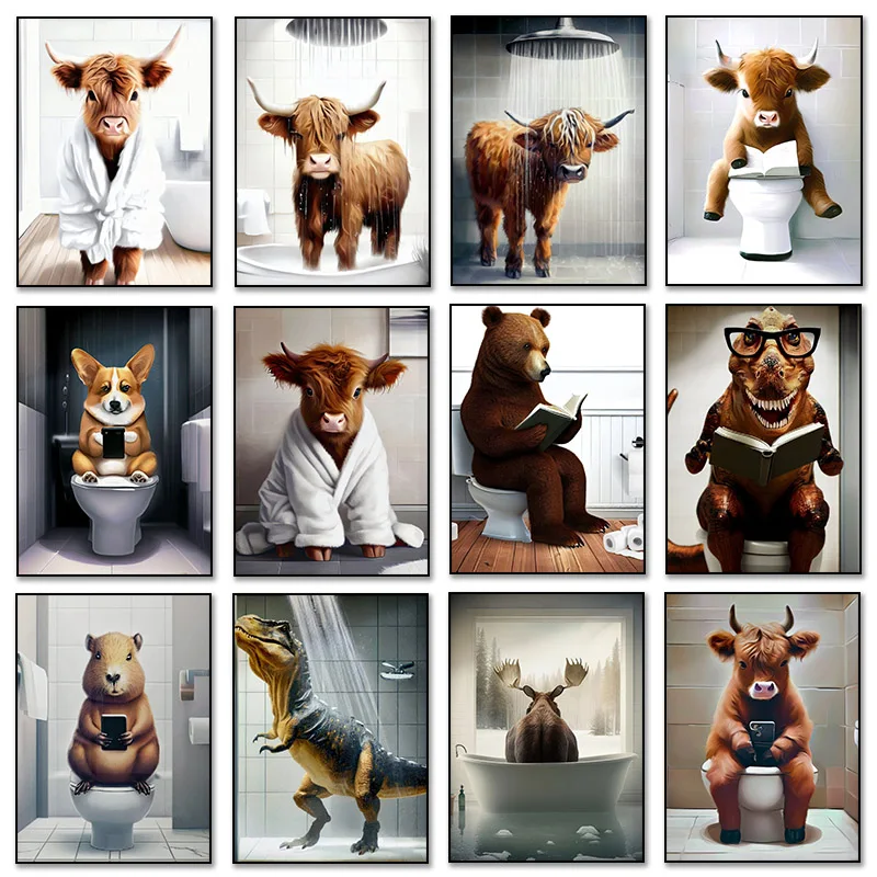 Funny Animal Highland Cow Capybara BathroomToilet Baby Cow on Toilet with Phone Canvas Painting Print For Bathroom Home Decor