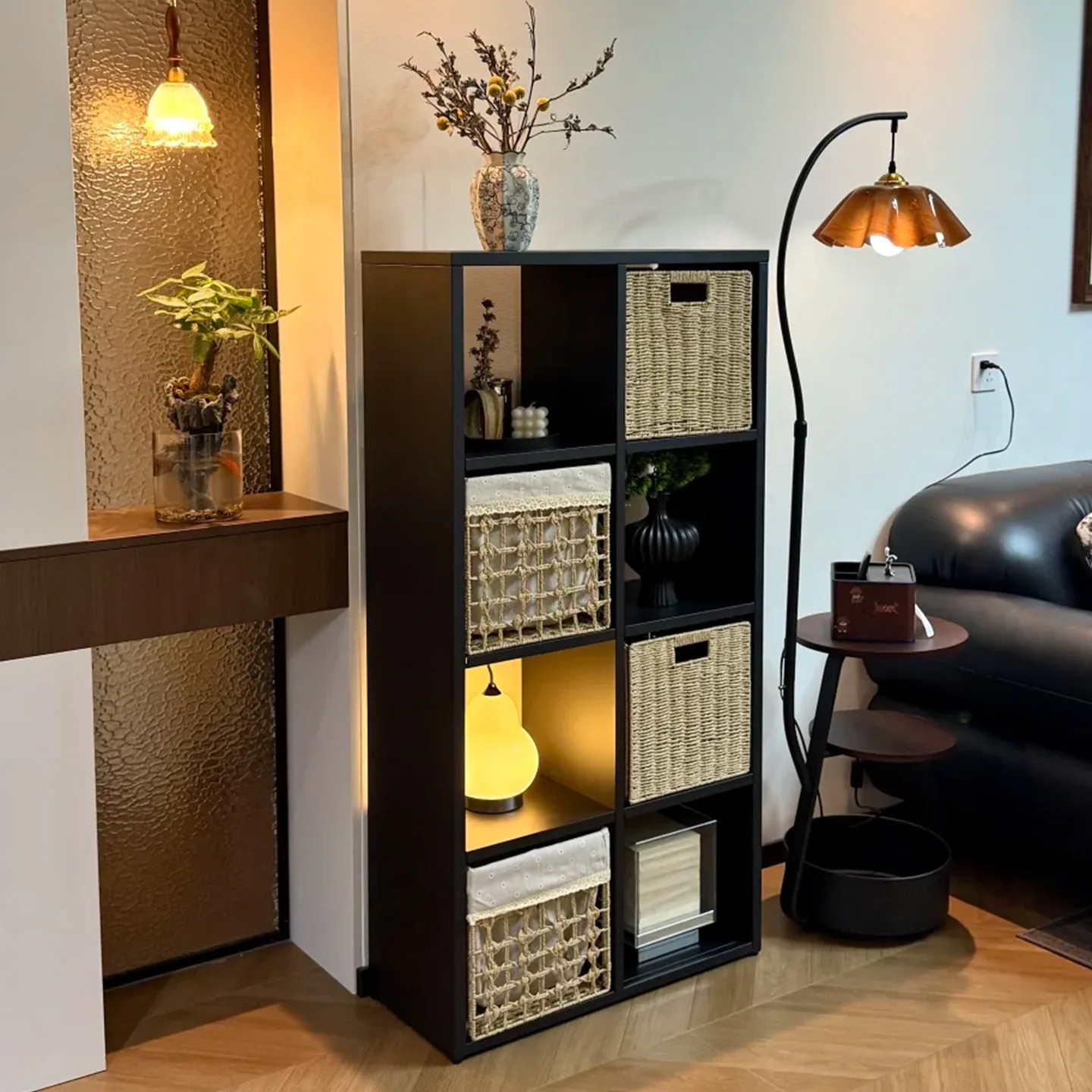 Log wind bookshelf Floor shelf Kalek eight-grid cabinet Side cabinet next to sofa Small apartment storage cabinet