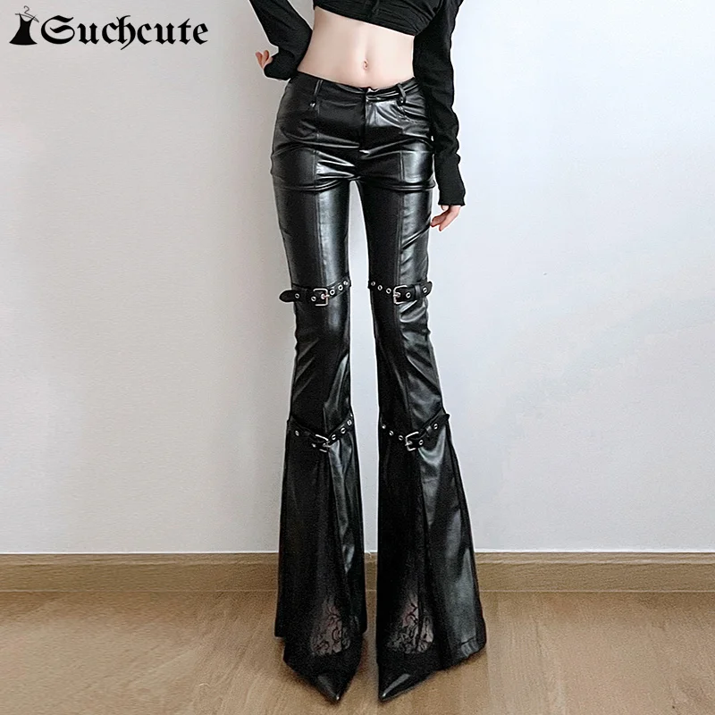 

SUCHCUTE PU Leather Flare Pant Goth Buckle Lace Patchwork Pants Women Fashion Y2K Streetwear Vintage Aesthetics Casual Trouesrs