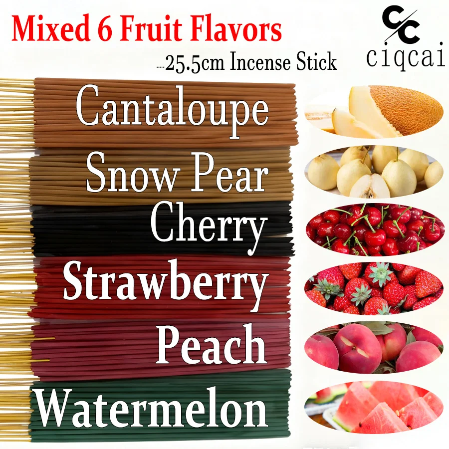 [6 sabores] Palitos de incienso hechos a mano con sabor a fruta premium más vendidos, 25. Incienso en barra de bambú versión extendida de 5 cm, hecho con fresa, melocotón, sandía, pera, cereza, etc. , 6 sabores en total, con un rico aroma que puede durar durante mucho tiempo, refrescante y revigorante, desodorizante y repelente de mosquitos Adecuado para uso diario en casa y viajes al aire libre, etc.
