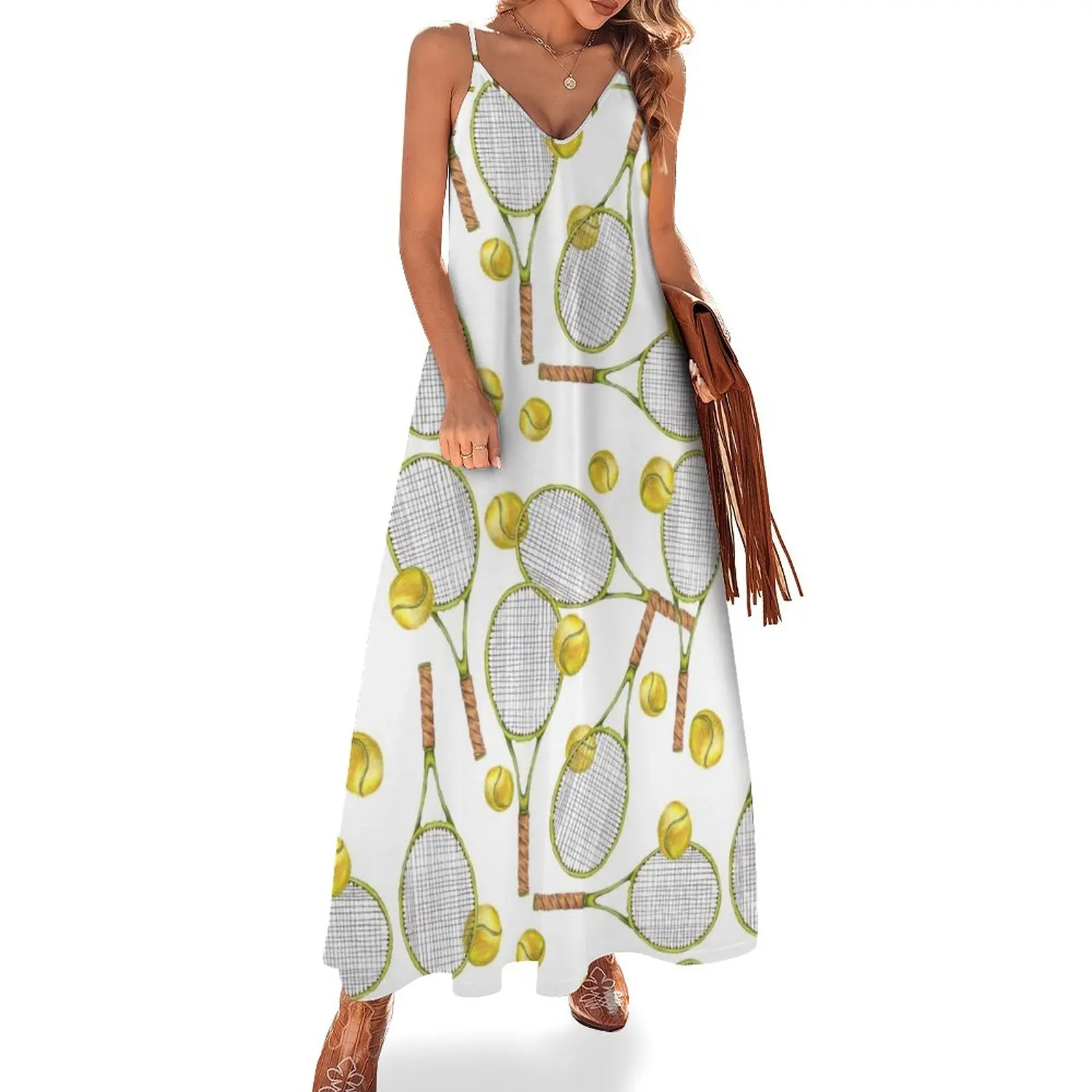 

pattern with tennis rackets with tennis balls. color pencil Sleeveless Dress Women's long dress women's evening dress 2024