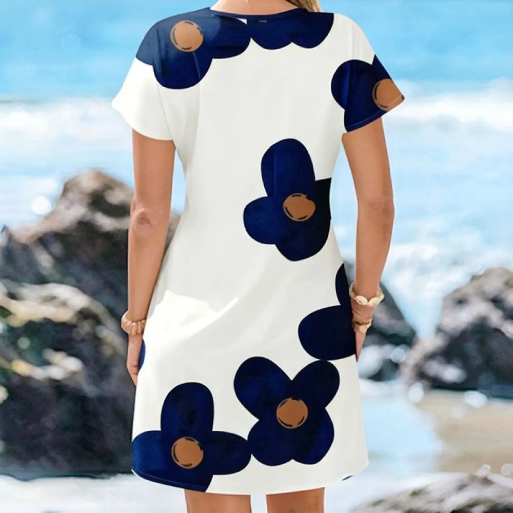 Plus Size Summer Midi Dress Navy Floral Print V Neck Short Sleeve Loose Straight Casual Elegant Breathable Women Clothes
