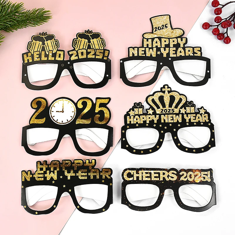 

6pcs 2025 Eyeglasses Frame Photo Booth Props Ornament Happy New Year Paper Glasses New Year's Eve Party Decor Christmas Supplies