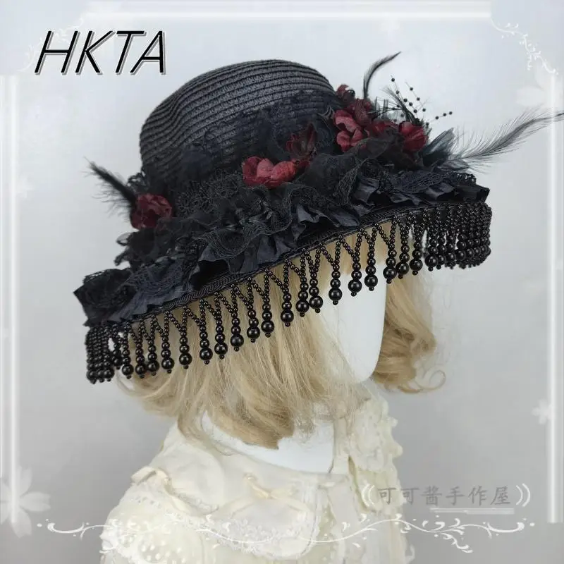 ロリータエレガントな黒帽子ヘアアクセサリー女性ヴィンテージダークフラワーストラップハロウィンコスプレ羽パールフリンジ帽子 Y2k キャップ