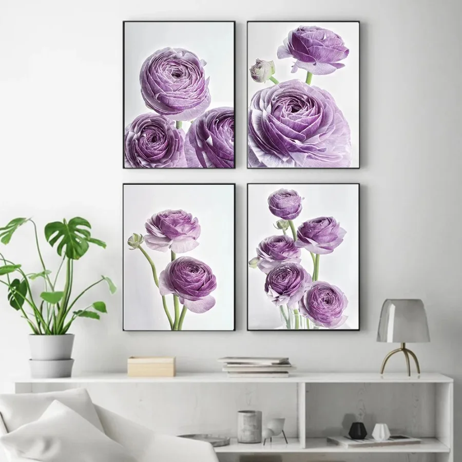 Ready To Hang Framed Blooming Peony Flowers Canvas Picture Purple Floral Prints and Posters Artwork for Home Office Wall Decor