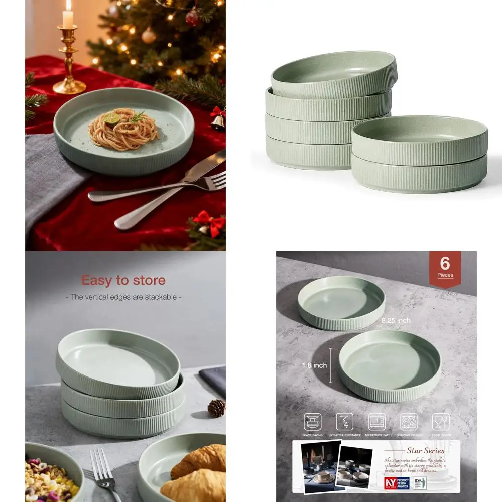 

8.25 Large Pasta Dinner Bowls Set of 6, Light Green Salad and Shallow Bowls for Eating