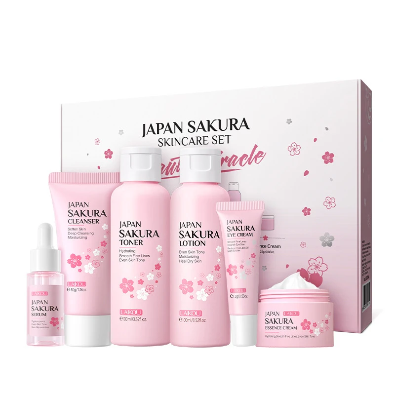 6pcs Sakura Facial Cleaner Korean Face Serum Anti Acne Peeling Gel Moisturize Fade Dark Circles Eye Cream Face Skin Care Set