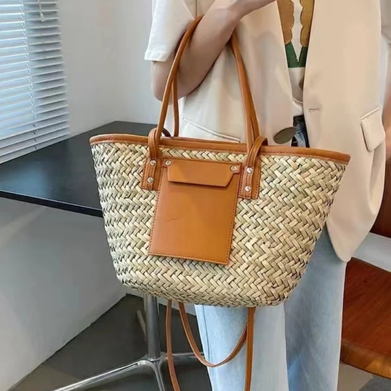 Women Straw Woven Tote Bag,fashion Rattan Handbag,large Capacity Ladies Summer Beach Shoulder Bag Multifunctional Shopping Bag