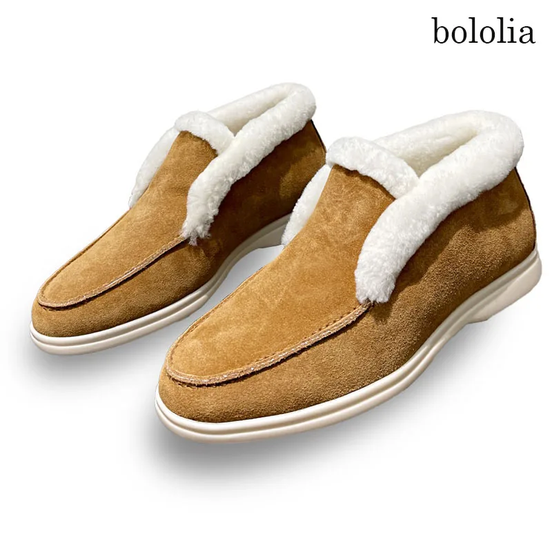 

BOLOLIA High Quality Snow Boots Women Fur Boots Wool Strips Warm Couple Shoe Fashionable Luxury Genuine Leather Ankle Boot