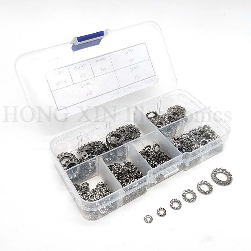 300Pcs Externe Tand Lock Ster Wasmachine Rvs Antiloose Pakking Ringen Borgringen Assortiment Kit M2.5 M3 M4 M5 m6 M8