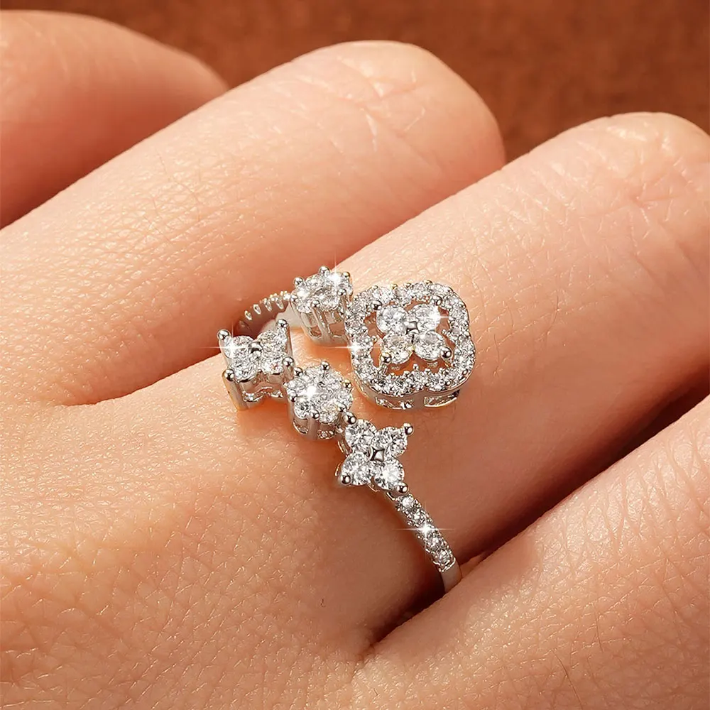 Lnkry 14 Karat Gold gefüllter verstellbarer Ring für Damen, exquisiter zertifizierter runder Moissanit-Ring mit vier Blättern, Blumenring, Schmuck, Geschenk – Detail 13