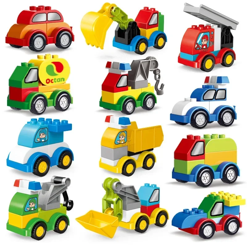 Large Particle Building Blocks Car Creative City Construction Forklift Crane Excavator Vehicle DIY Bricks Toy For Kids Xmas Gift