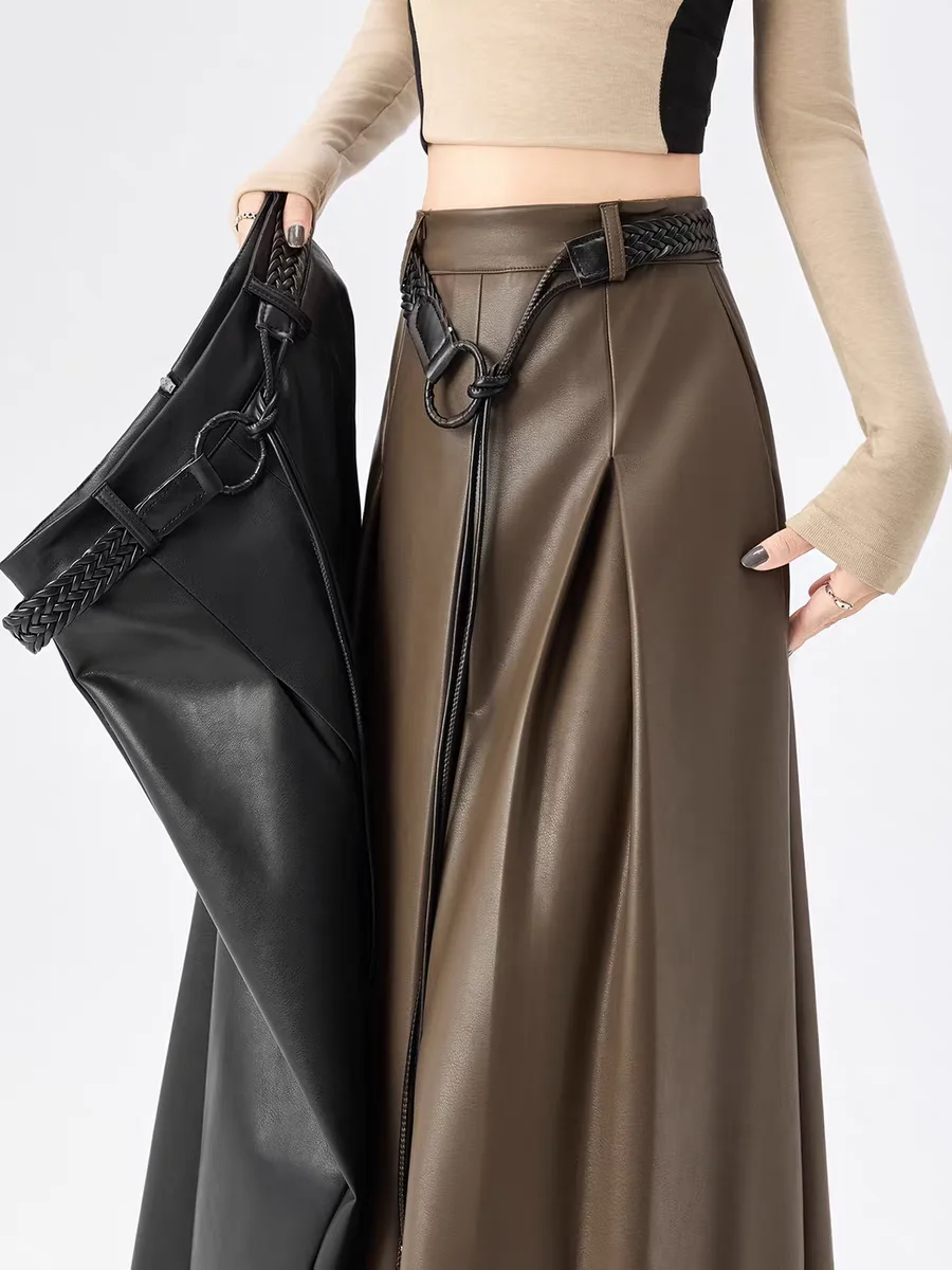 

Утягивающие коричневые юбки из искусственной кожи с высокой талией для женщин, осень-зима 2023, новая плиссированная юбка трапециевидной формы средней длины с расклешенным краем