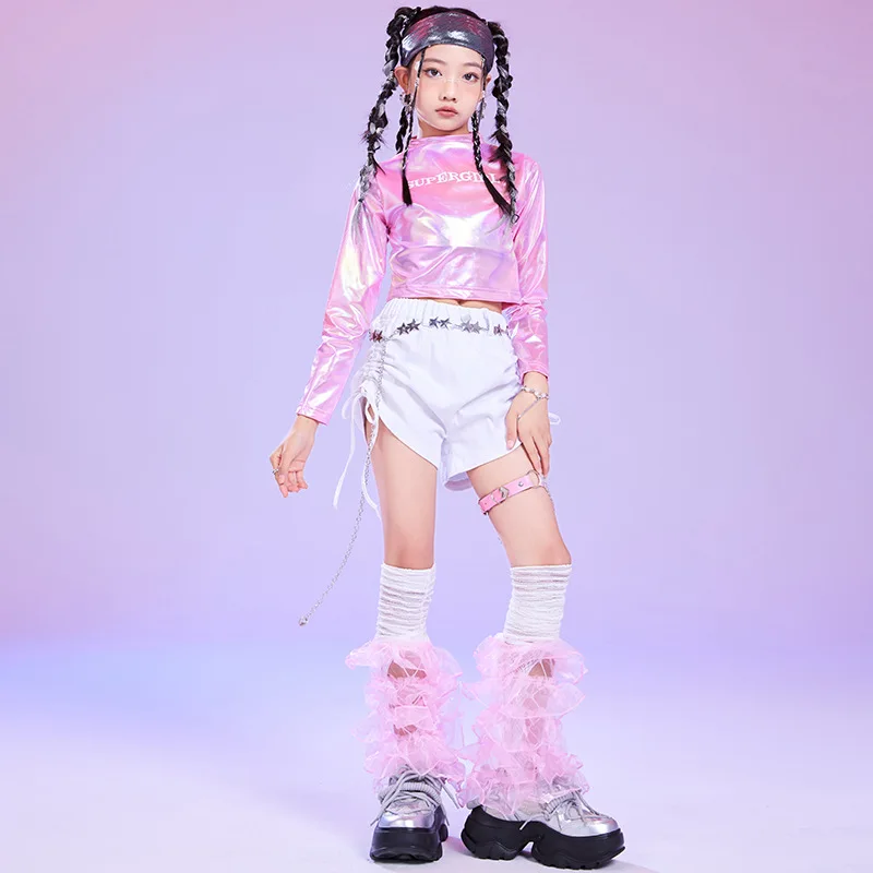 Kid Hip Hop Clothing Laser Pink Crop Top Long Sleeve T Shirt White Casual Drawstring Shorts for Girl Jazz Dance Costume Clothes