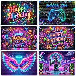 Happy Birthday Neon Graffiti Banner. Vinyl Party Photography Background Suitable For Photo Booth Hip Hop Theme Decoration