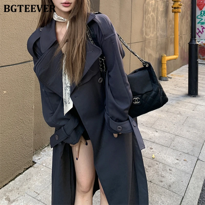 BGTEEVER Vintage allentato doppio petto femminile lungo Trench cappotti autunno inverno elegante risvolto manica intera donna giacca a vento con cintura