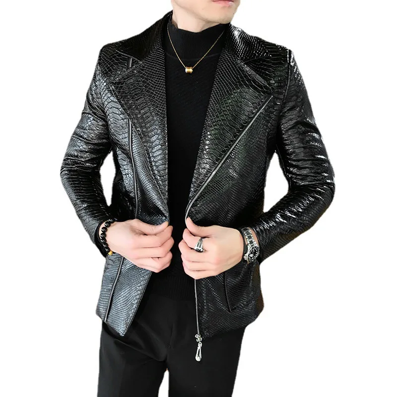 New Crocodile Patterns Leather Jacket men\'s solid lapel Slim Fit PU Coats Casual Blazer Leather Jacket Motorcycle  Outwear