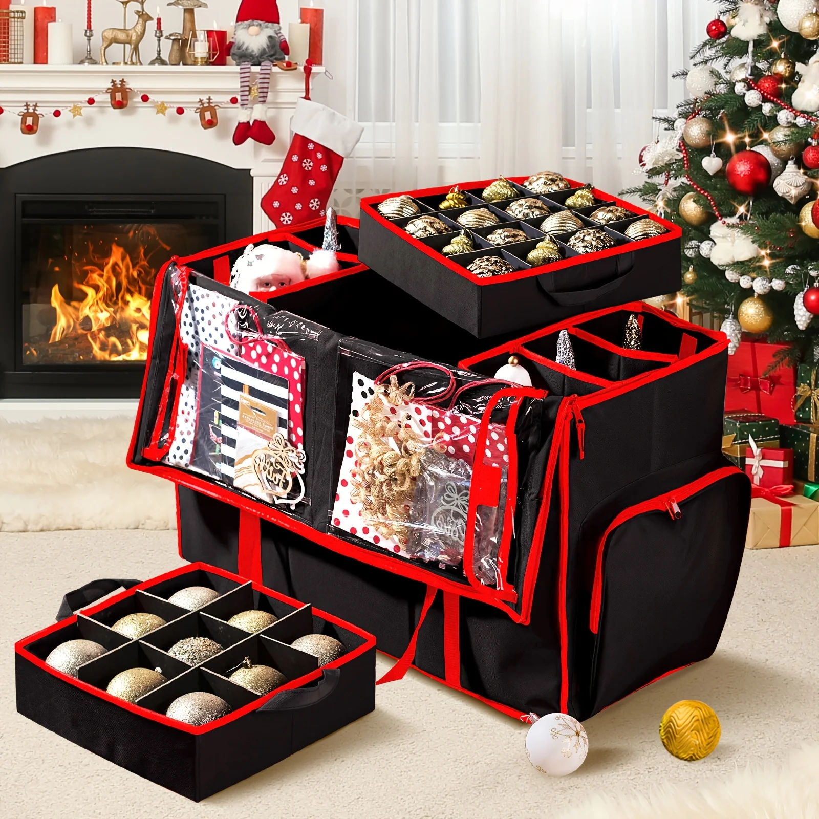 

Extra Large Capacity 2-in-1 Christmas Ornament Storage Box & Xmas Figurine Container - Easy Access Removable Tray