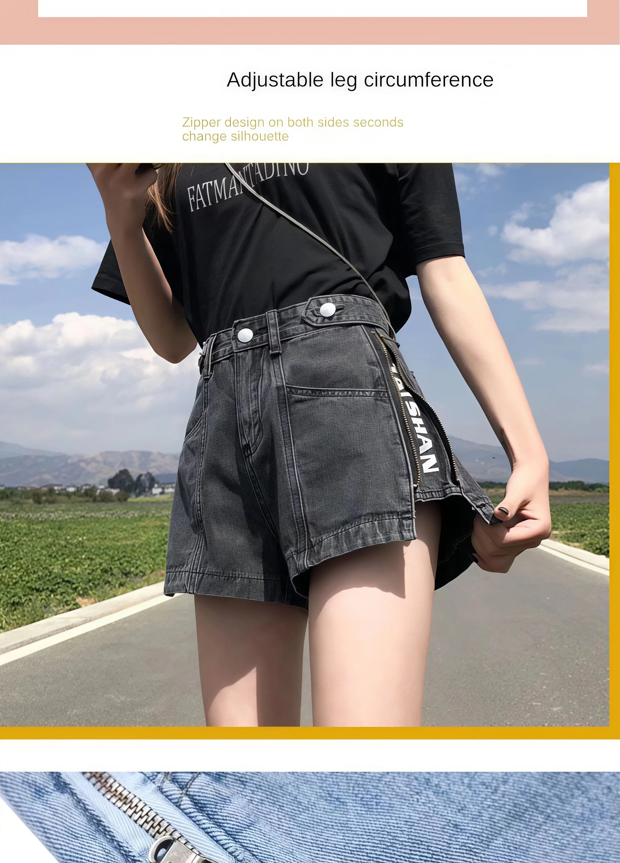 Damen High-Waist Denim-Shorts Sommer Seitenreißverschluss Split-Buchstabendruck A-Linien-Shorts Lose Lässige Anti-Scheuer-Hot-Pants Streetwear – Detail 11