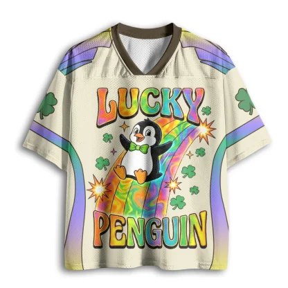 Lucky Penguin Rainbow Clover Print Men V Neck Mesh Jersey Cute Cartoon Short Sleeve Tee